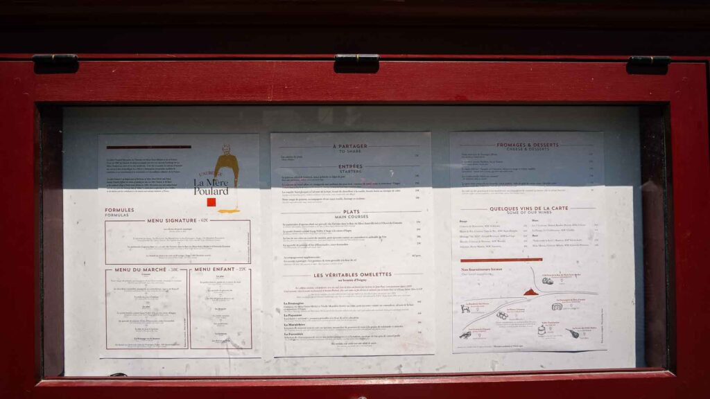 La Mère Poulard restaurant menu, Mont Saint Michel